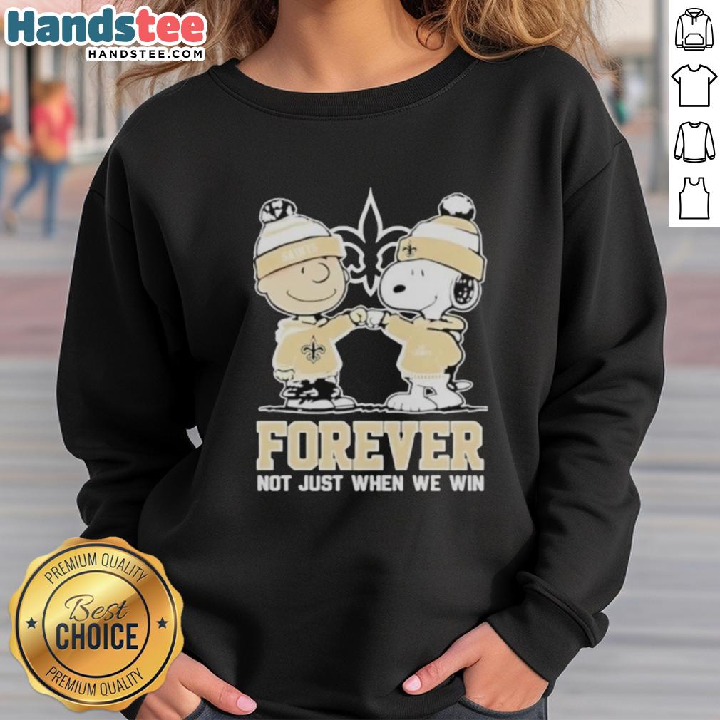 Alt Text: Cute New Orleans Saints sweatshirt featuring Charlie Brown and Snoopy, perfect for fans celebrating every game day.