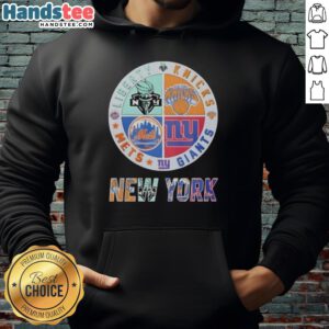 Alt Text: Cute New York Giants, Mets, Knicks & Liberty mashup logo hoodie showcasing vibrant team logos in a stylish design.