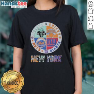 Cute New York Giants, Mets, Knicks, and Liberty mashup logo on a ladies tee, perfect for NYC sports fans.