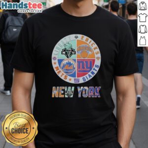 Alt Text: Cute New York Giants, Mets, Knicks, Libert mashup logo T-shirt showcasing NYC sports team spirit and style.