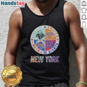 Alt Text: Cute tank top featuring a mashup logo of New York Giants, Mets, Knicks, and Liberty teams in vibrant colors.