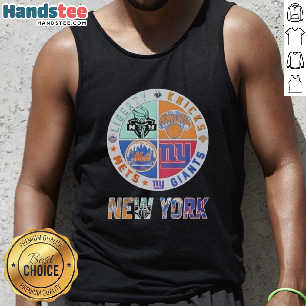 Alt Text: Cute tank top featuring a mashup logo of New York Giants, Mets, Knicks, and Liberty teams in vibrant colors.