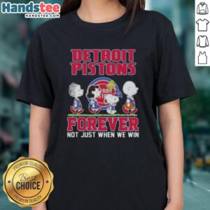Alt Text: Cute Peanuts Snoopy and Friends Detroit Pistons Forever tee for ladies, perfect for fans celebrating team spirit.