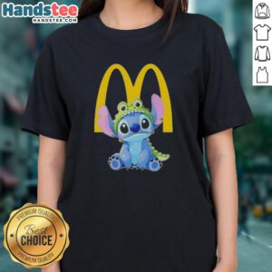 Cute Stitch cosplay crocodile McDonald's ladies tee featuring vibrant colors and playful design for casual wear.