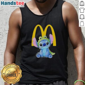 Alt Text: Cute Stitch cosplay in a crocodile McDonald's tank top, showcasing fun and creativity in outfit styling.
