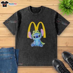 Cute Stitch cosplay wearing a crocodile-themed McDonald's washed t-shirt, showing fun and playful style.