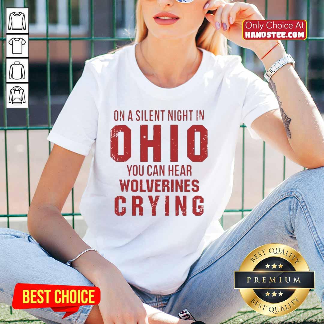 Funny Ohio State Buckeyes ladies tee featuring a playful design about Michigan Wolverines fans crying.