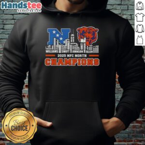 Alt Text: Chicago Bears NFC North Champions 2025 hoodie featuring city skyline and player names design.