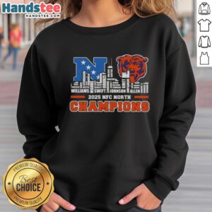 Chicago Bears 2025 NFC North Champions sweatshirt featuring city skyline and player names, perfect for fans.