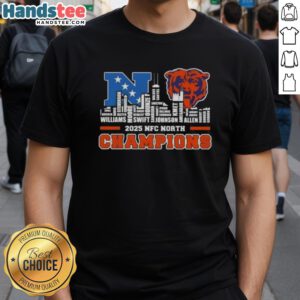 Chicago Bears 2025 NFC North Champions T-Shirt featuring all players' names and a city skyline design.