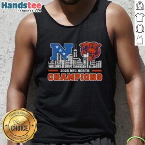 Chicago Bears 2025 NFC North Champions tank top featuring city skyline and player names, perfect for fans.