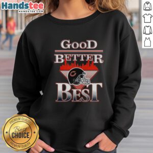 Alt Text: Chicago Bears sweatshirt featuring the Good-Better-Best helmet logo and city skyline in a stylish triangle design.