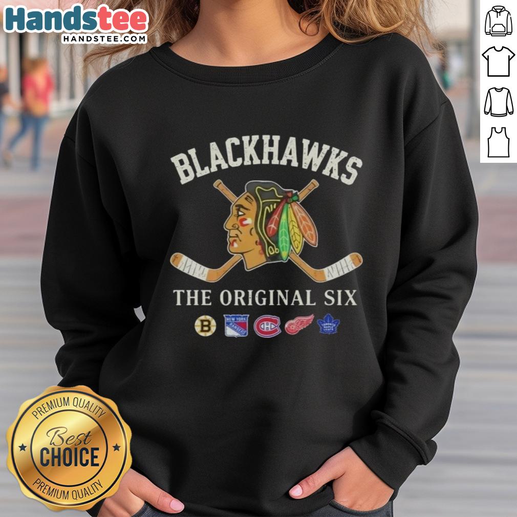 Alt Text: Cozy Good Chicago Blackhawks The Original Six combined sweatshirt, perfect for fans and casual wear.
