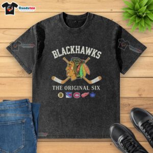 Alt Text: Good Chicago Blackhawks The Original Six combined washed t-shirt featuring vintage design and team logo.