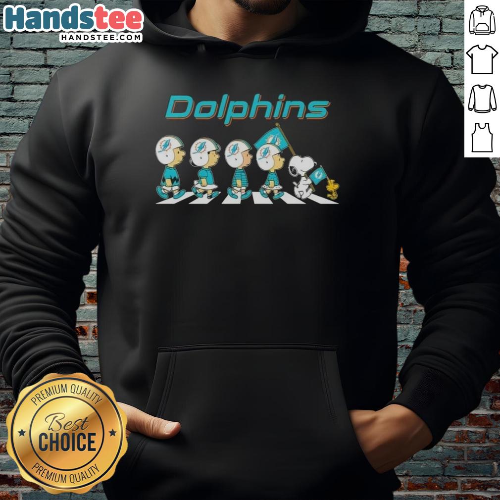 Good Miami Dolphins X Peanuts Snoopy and Friends Abbey Road hoodie featuring iconic cartoon characters in a fun design.