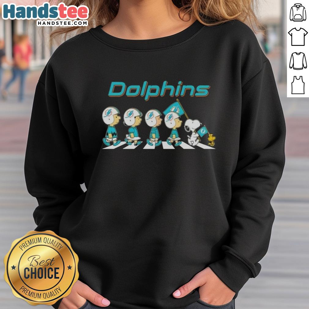Good Miami Dolphins X Peanuts Snoopy and Friends Abbey Road Sweatshirt featuring vibrant graphics and cozy design.