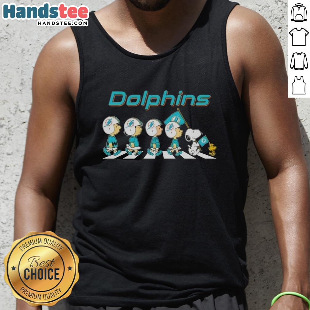 Miami Dolphins X Peanuts Snoopy and Friends Abbey Road tank top featuring vibrant characters in a fun design.