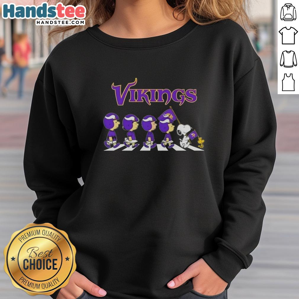 Good Minnesota Vikings X Peanuts Snoopy and Friends Abbey Road Sweatshirt featuring iconic characters in a fun design.
