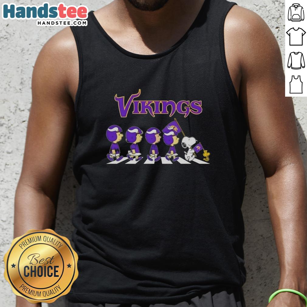 Good Minnesota Vikings X Peanuts Snoopy and Friends Abbey Road tank top featuring iconic characters in a fun design.