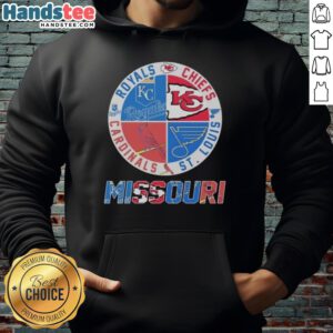 Good Missouri hoodie featuring Kansas City Chiefs, Royals, St. Louis Cardinals, and Blues logos for sports fans.