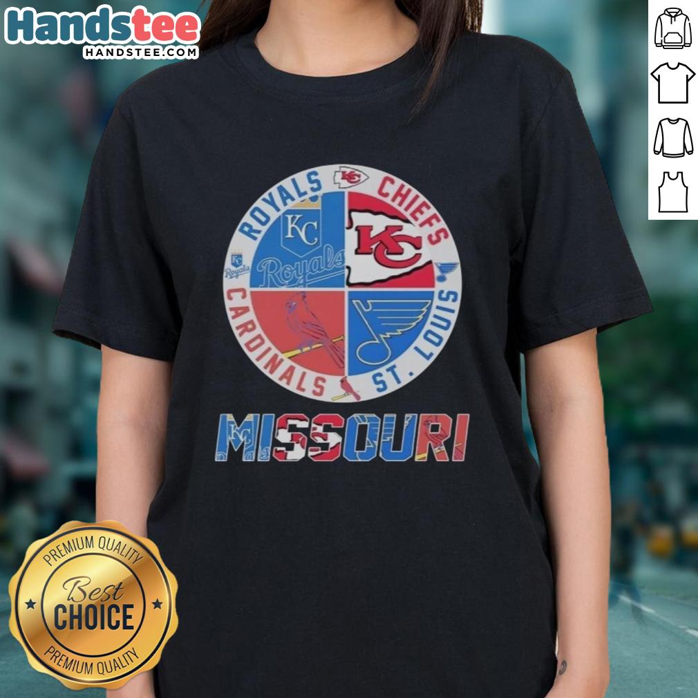 Ladies tee featuring Kansas City Chiefs, Royals, St. Louis Cardinals, and Blues logos - perfect for sports fans.