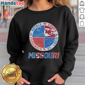 Cozy sweatshirt featuring Kansas City Chiefs, Royals, Cardinals, and Blues logos, perfect for sports fans in Missouri.