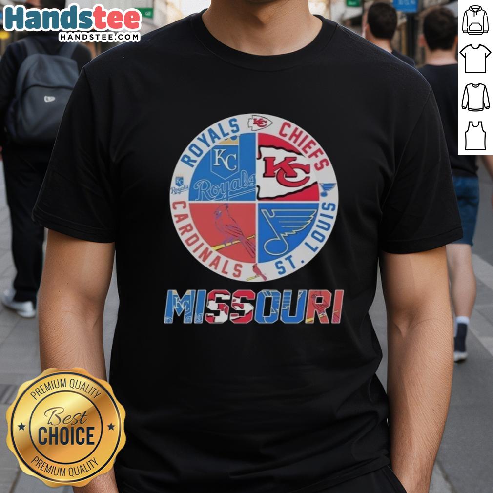 Good Missouri T-Shirt featuring Kansas City Chiefs, Royals, Cardinals, and St. Louis Blues for fans of Missouri sports.