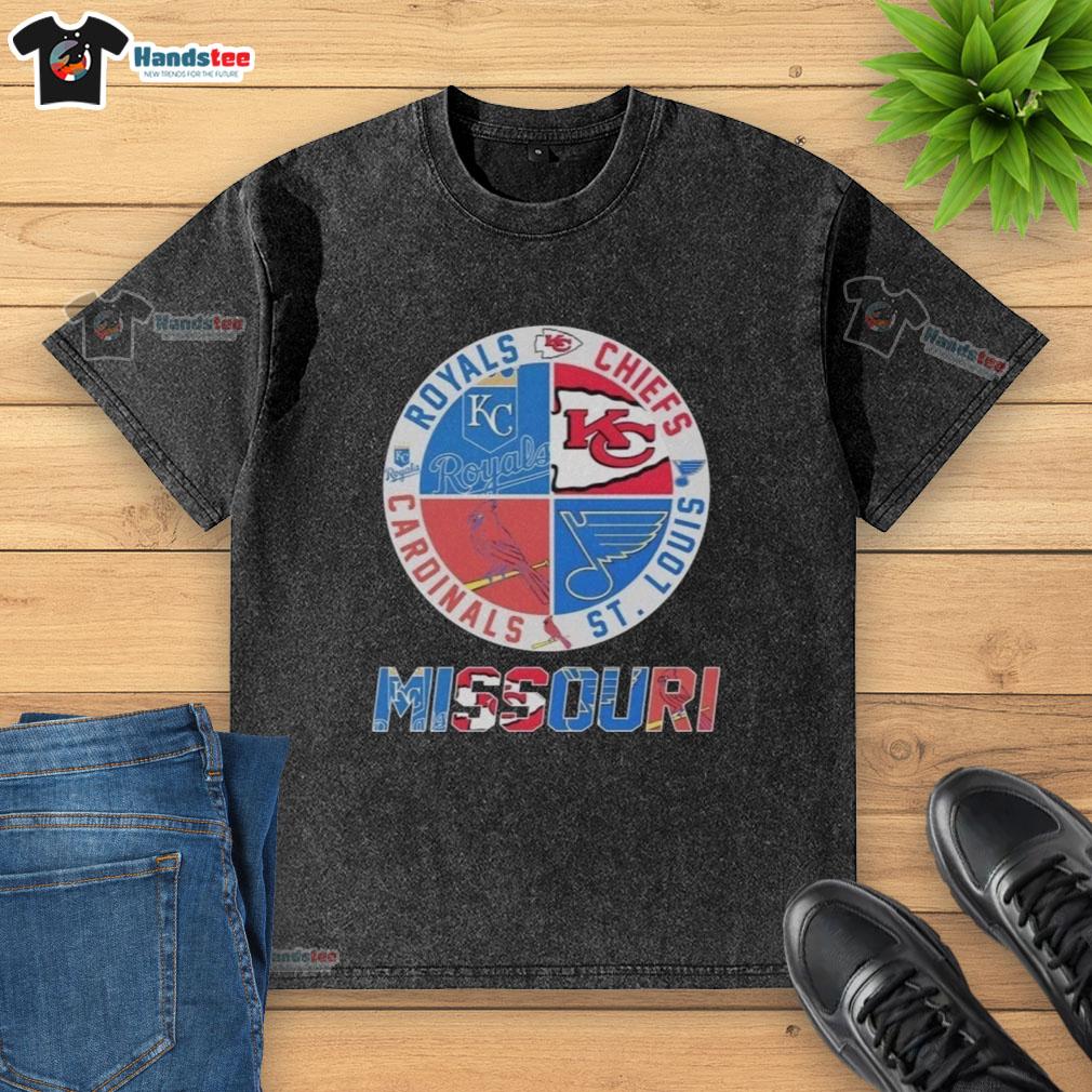 Good Missouri T-shirt featuring Kansas City Chiefs, Royals, St. Louis Cardinals, and Blues logos in a washed design.