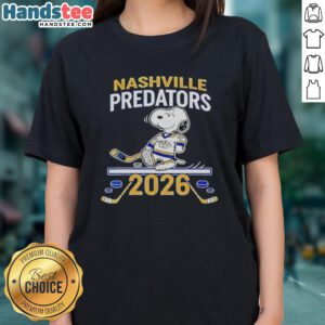 Good Nashville Predators Hockey Snoopy Peanuts 2026 Ladies Tee featuring a fun graphic design for fans.