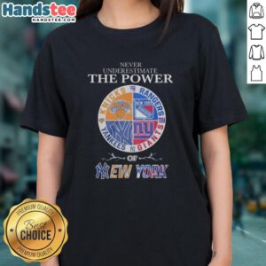 Stylish ladies tee featuring a mashup logo of New York Knicks, Rangers, Yankees, and Giants, showcasing team spirit.