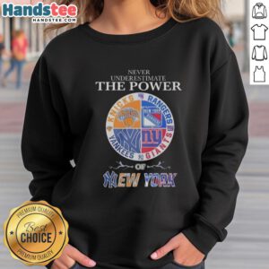 Alt Text: Stylish sweatshirt featuring a mashup logo of New York Knicks, Rangers, Yankees, and Giants for sports fans.