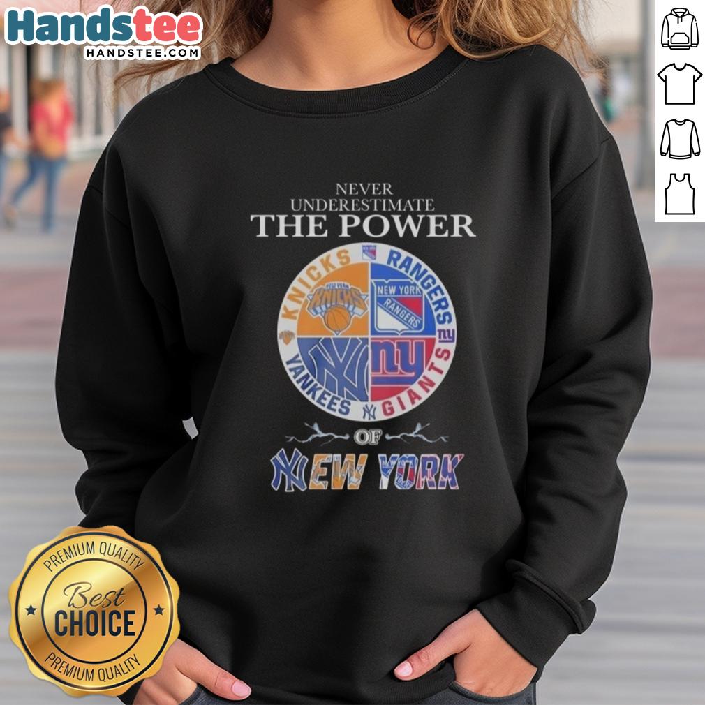 Alt Text: Stylish sweatshirt featuring a mashup logo of New York Knicks, Rangers, Yankees, and Giants for sports fans.