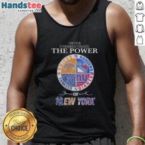 Alt Text: New York Knicks Rangers Yankees Giants mashup logo tank top showcasing iconic sports team designs in vibrant colors.