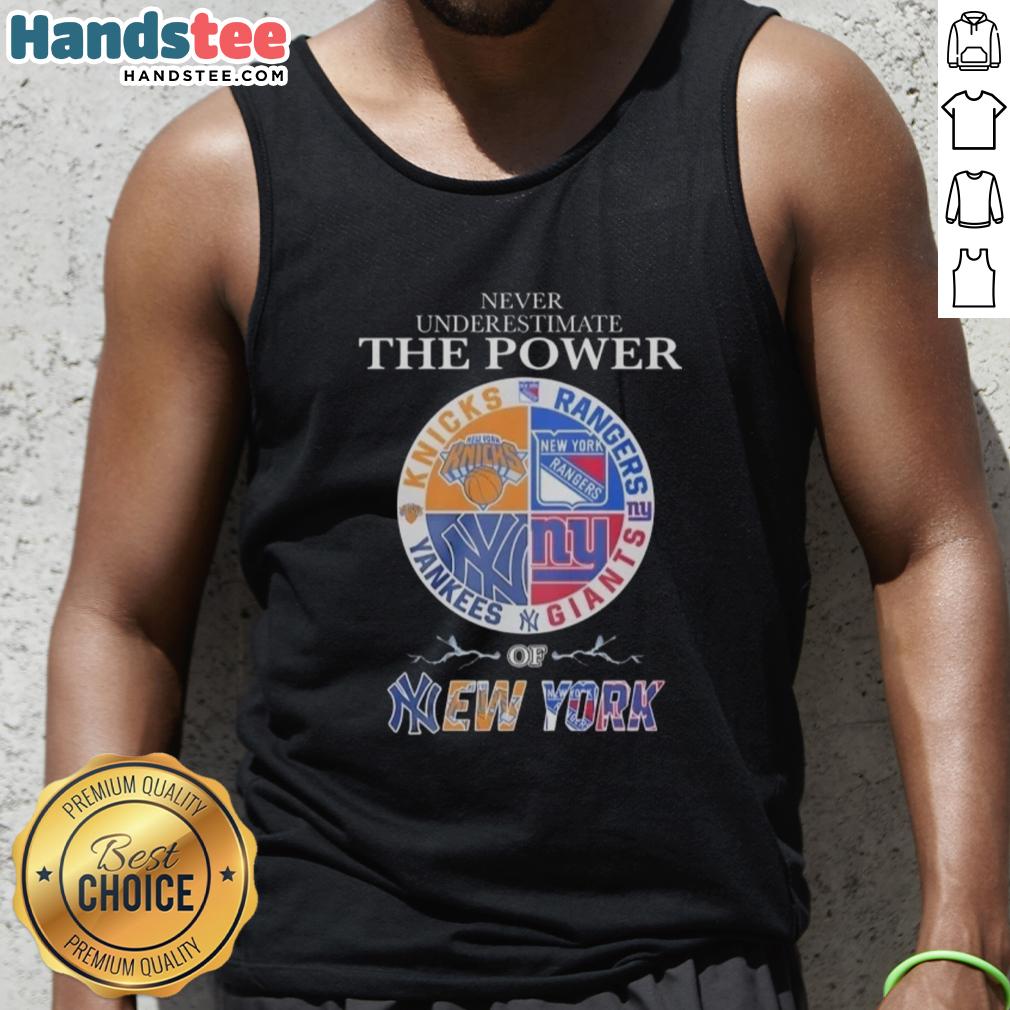Alt Text: New York Knicks Rangers Yankees Giants mashup logo tank top showcasing iconic sports team designs in vibrant colors.