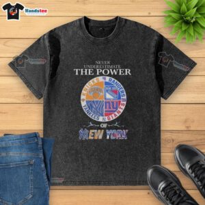 Alt Text: Good Never Underestimate The Power Of New York Knicks Rangers Yankees Giants Mashup Logo Washed T-Shirt design.
