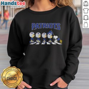 Good New England Patriots X Peanuts Snoopy and Friends Abbey Road sweatshirt featuring iconic characters and team logo.