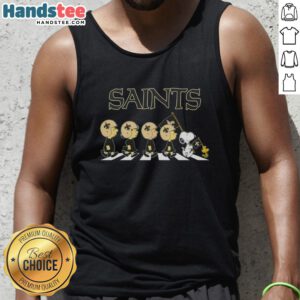 Alt Text: Good New Orleans Saints X Peanuts Snoopy and Friends Abbey Road tank top featuring iconic characters in a fun design.