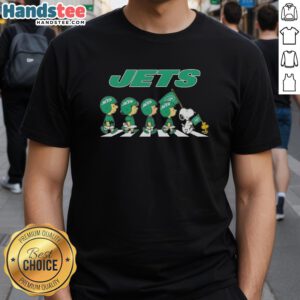 Alt Text: Good New York Jets X Peanuts Snoopy and Friends Abbey Road T-Shirt featuring iconic characters crossing the street.