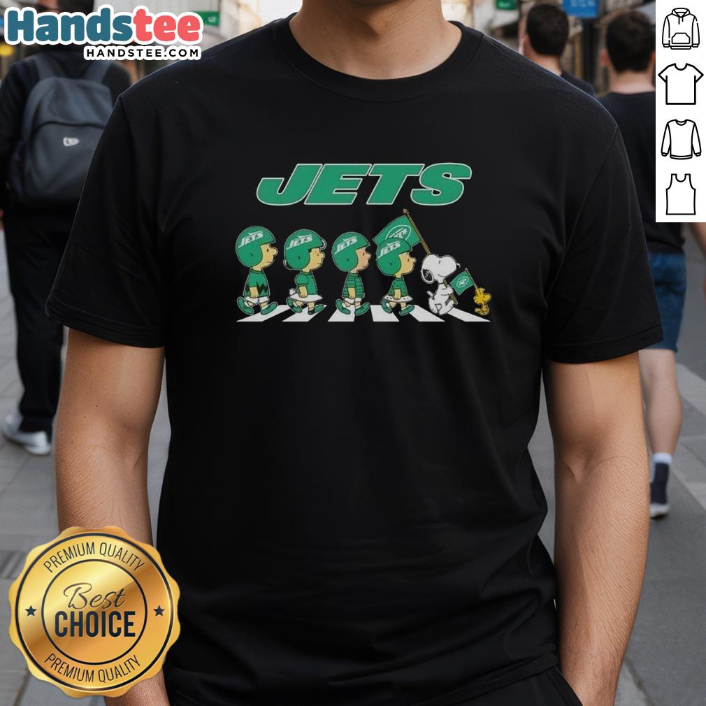 Alt Text: Good New York Jets X Peanuts Snoopy and Friends Abbey Road T-Shirt featuring iconic characters crossing the street.