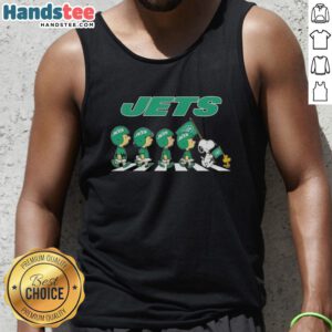 Good New York Jets X Peanuts Snoopy and Friends Abbey Road tank top featuring colorful cartoon characters in a fun design.