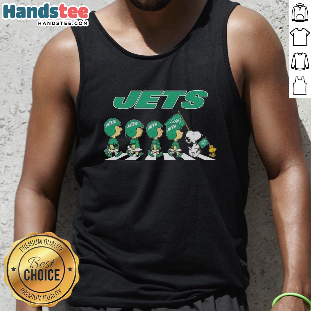 Good New York Jets X Peanuts Snoopy and Friends Abbey Road tank top featuring colorful cartoon characters in a fun design.