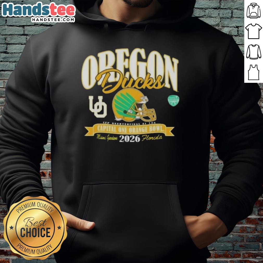 Good Oregon Ducks College Football Playoff 2026 Orange Bowl hoodie featuring team colors and logo for fans.