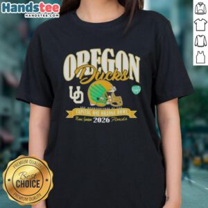 Good Oregon Ducks College Football Playoff 2026 Orange Bowl ladies tee featuring team colors and logo design.
