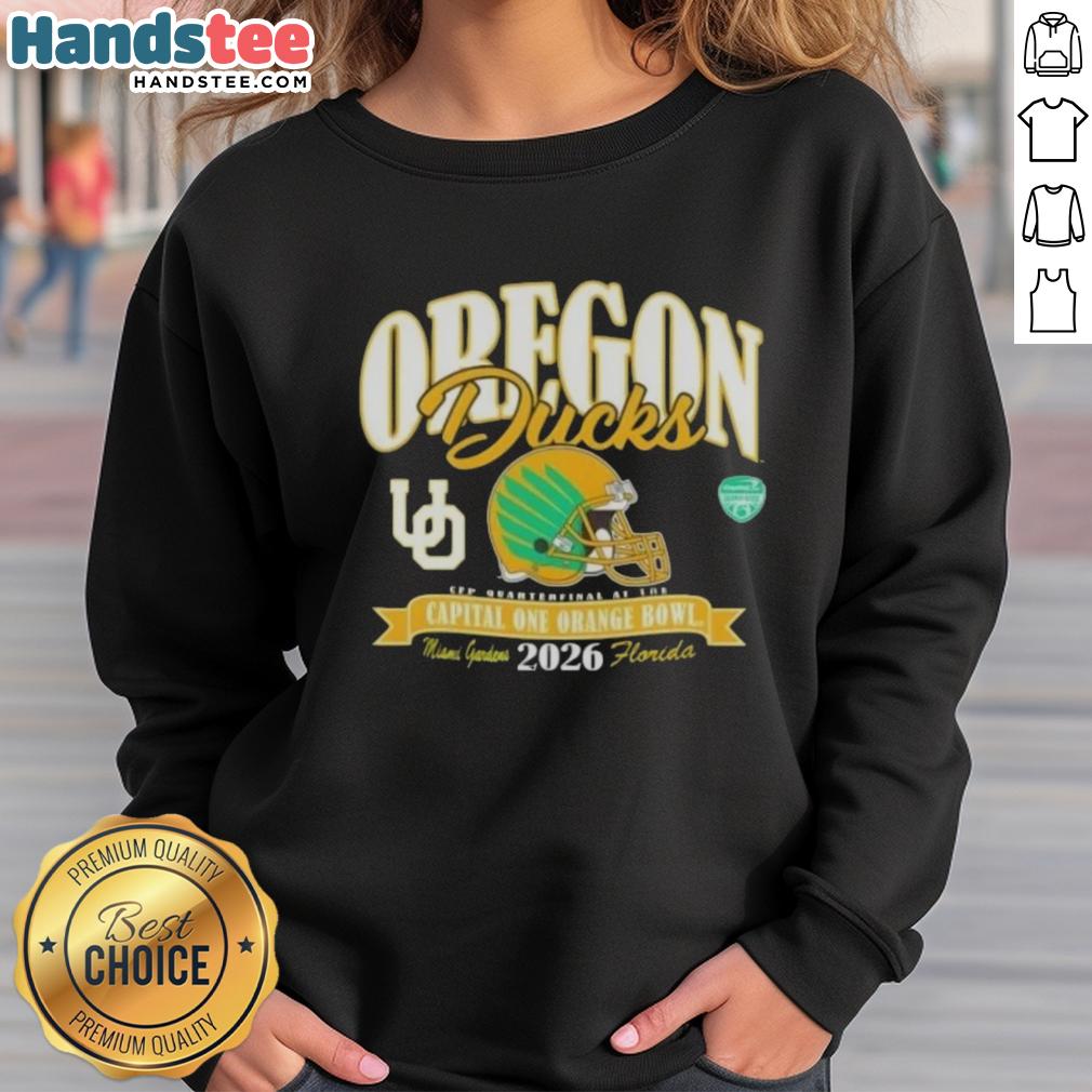 Good Oregon Ducks College Football Playoff 2026 Orange Bowl sweatshirt featuring team colors and logo.