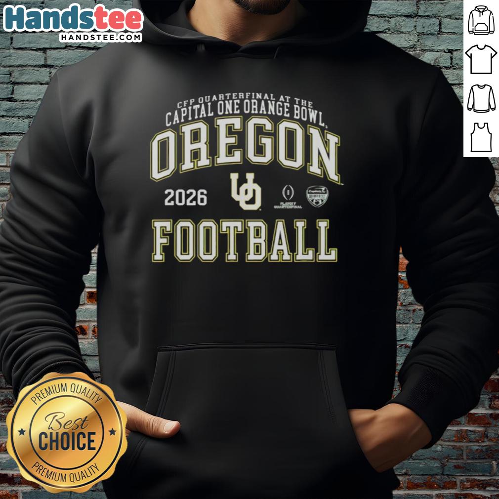 2026 Oregon Ducks Football CFP Quarterfinal hoodie featuring team logo and vibrant colors for fans.
