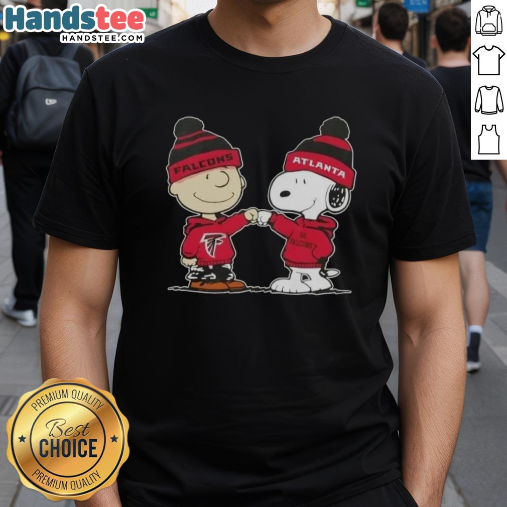 Good Peanuts Charlie Brown and Snoopy fist bump on Atlanta Falcons football T-shirt design, perfect for fans.