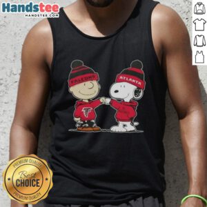 Charlie Brown and Snoopy fist bump on a tank top featuring Atlanta Falcons and Good Peanuts theme.