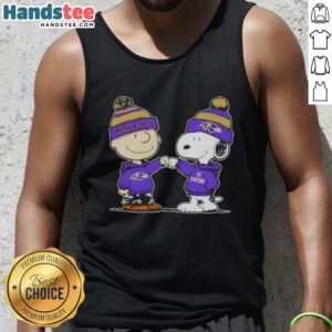 Charlie Brown and Snoopy fist bump on a Baltimore Ravens football tank top - Good Peanuts design for fans.