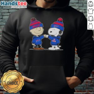 Charlie Brown and Snoopy fist bump in a Buffalo Bills football hoodie, celebrating friendship and team spirit.
