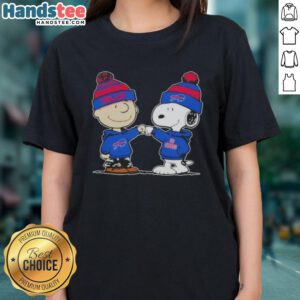 Charlie Brown and Snoopy fist bump in Buffalo Bills football ladies tee, showcasing a fun Good Peanuts design.